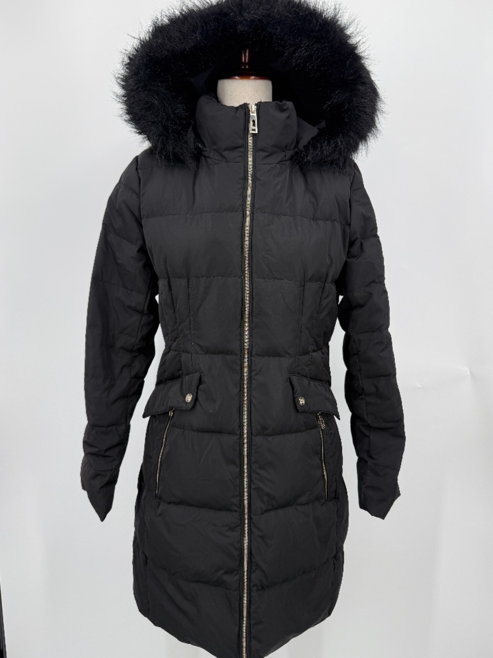 Ivanka Trump Black Down Puffer Coat Faux Fur Hooded Parka Long Jacket Women M